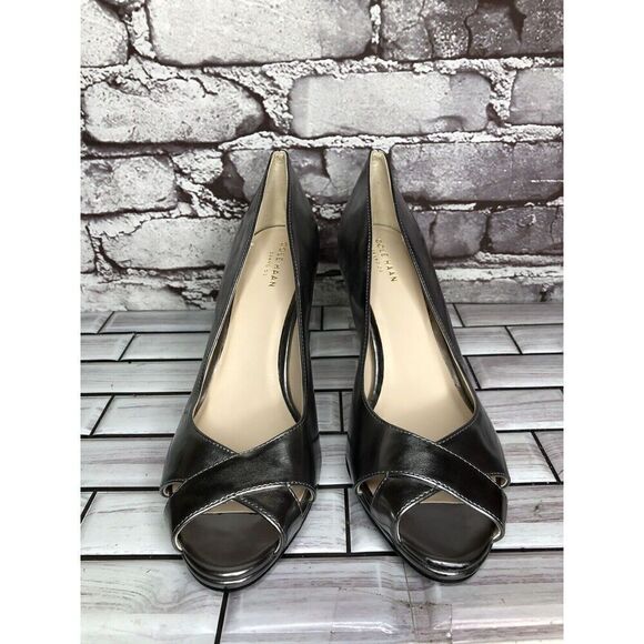 Cole Haan Silver Metallic Leather Peep Toe Pumps Stiletto Heels Women Sz 8.5B US - Picture 2 of 16